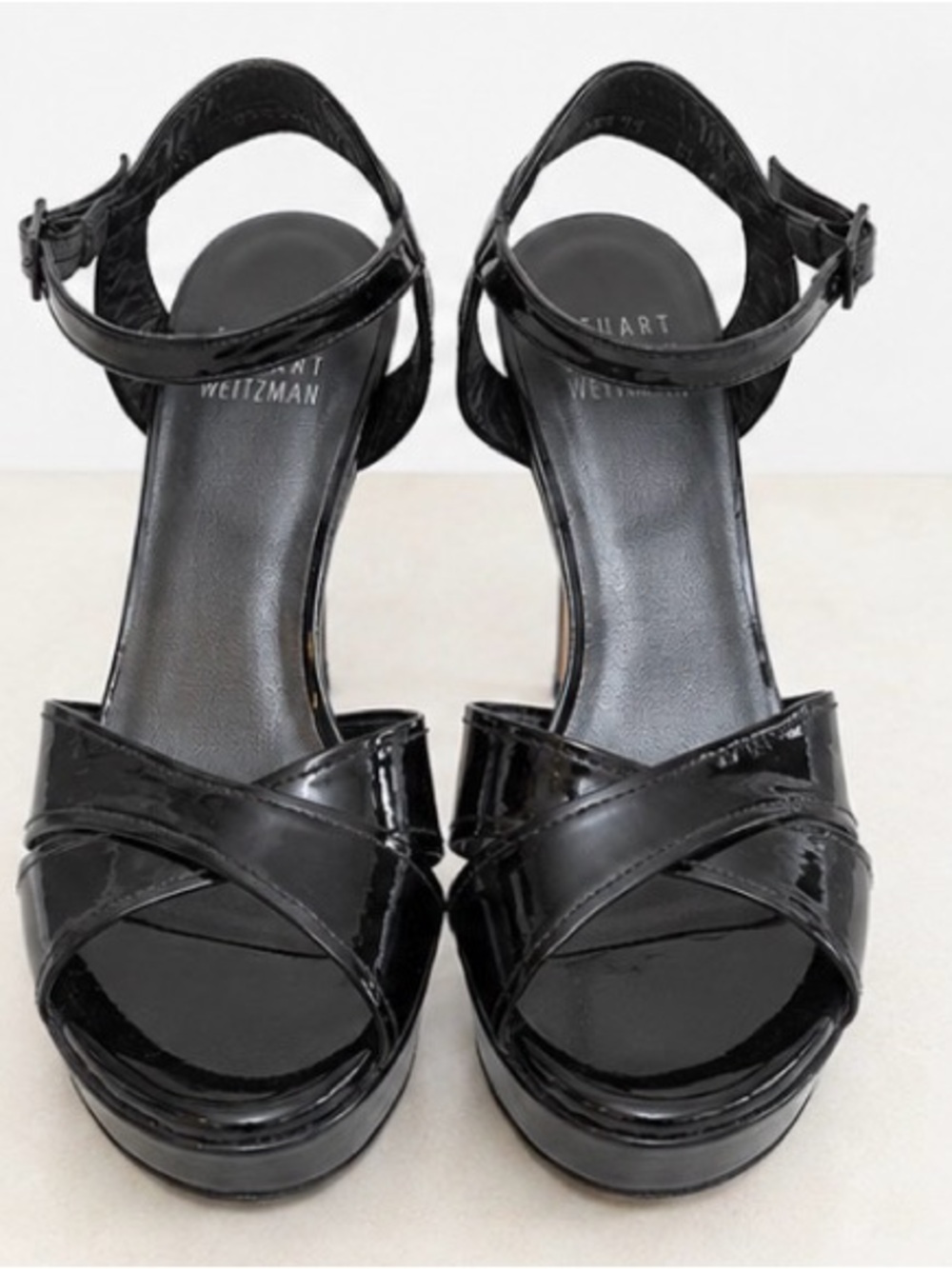 Stuart Weitzman Black Patent Leather Platform Heels – Ankle Strap Sandals
